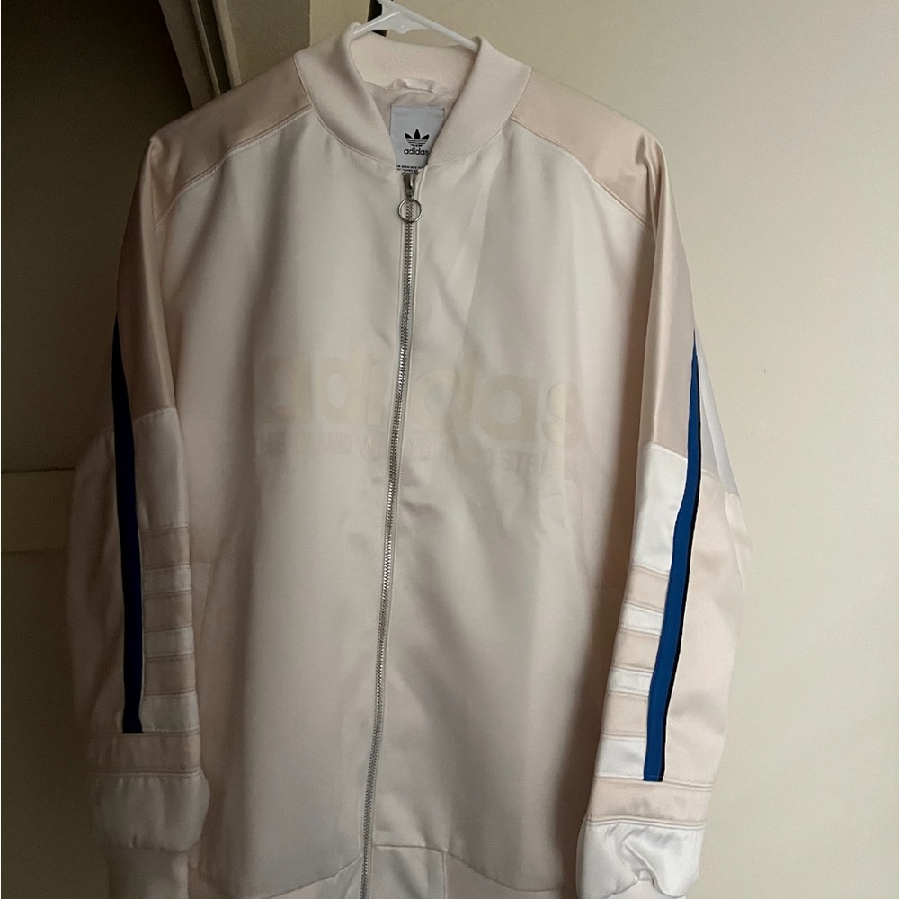 Adidas Men's Cream and Blue Bomber Jacket